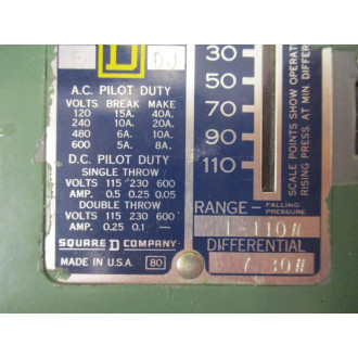 Square D 9012-ACW1S37 Pressure Switch 9012ACW1S37 Ser.B - Used