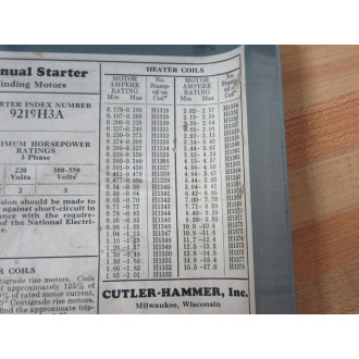 Cutler Hammer 9219H3A AC Manual Starter - Used