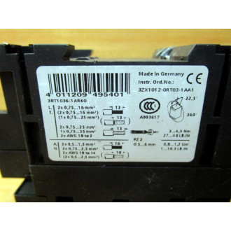 Siemens 3RT1036-1AR60 Contactor 3RT1036-1A.0 WO BottomFront Faceplate - Used