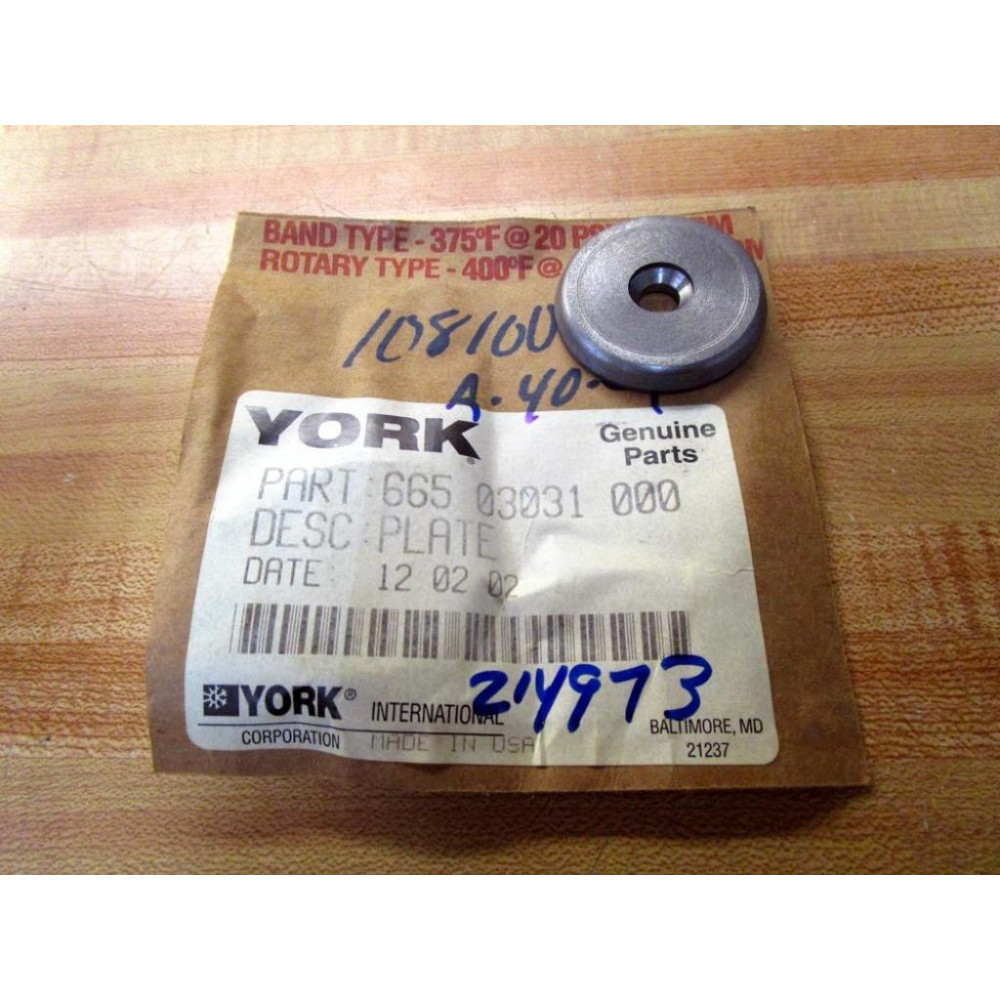 Johnson Controls York 665 03031 000 Valve Plate 66503031000