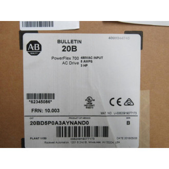 Allen Bradley 20BD5P0A3AYNAND0 PowerFlex 700 FRN: 10.003 Series B 582018