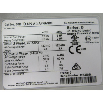 Allen Bradley 20BD5P0A3AYNAND0 PowerFlex 700 FRN: 10.003 Series B 582018