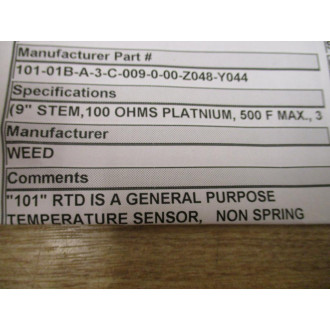 Weed Instrument 101-01B-A-3-C-009.0-00-Z048-Y044 Temperature Sensor - New No Box