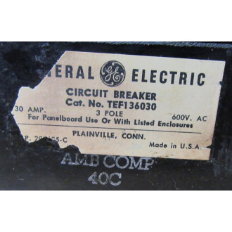 General Electric TEF136030 Circuit Breaker 3 Pole 30A 600V W Bracket - Used