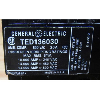 General Electric TED136030 Circuit Breaker - Used