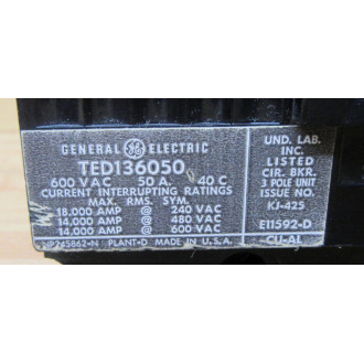 General Electric TED136050 Circuit Breaker - Used