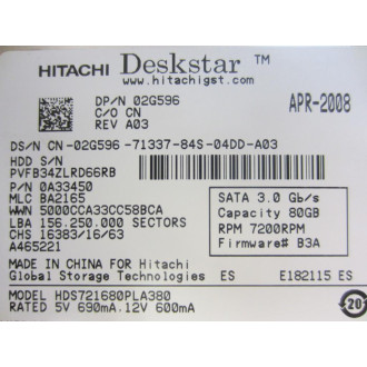 Hitachi 0A33450 Deskstar 3.5" 80GB 7200 SATA Hard Drive - Used