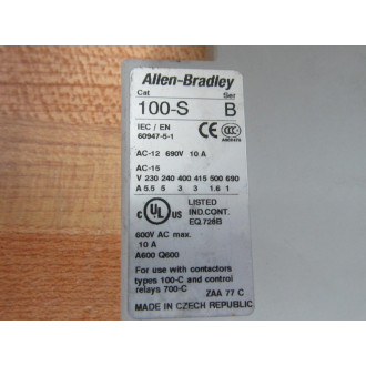 Allen Bradley 100-S Contact Block 100S Ser B A10 - New No Box