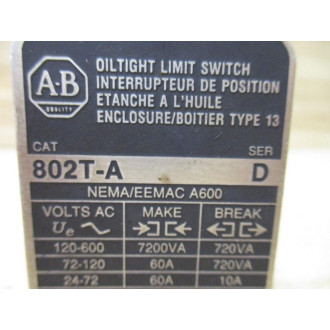 Allen Bradley 802T-A Limit Switch 802TA Series D - Used