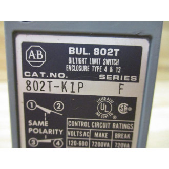 Allen Bradley 802T-K1P Limit Switch 802TK1P WO Roller, Ser. F - New No Box