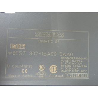 Siemens 6ES7 307-1BA00-0AA0 Power Supply Module Simatics S7 WO Cover - Used