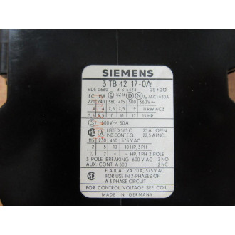 Siemens 3TB42 17-0A Contactor 3TB42170A Coil 220V - New No Box