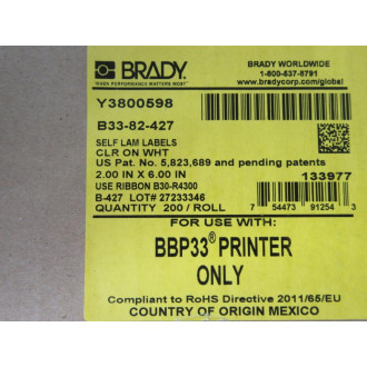 Brady B33-82-427 Self Laminating Labels 133977 (Pack of 200)
