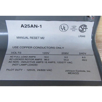 Johnson Controls A25AN-1C Manual Reset Limit Control A25AN1C