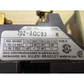 Allen Bradley 702-AOC93 Contactor 702-A0C93 - New No Box