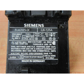 Siemens 3UA70 21-0K Overload Relay 3UA70210K