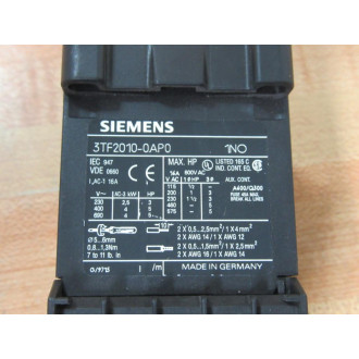 Siemens 3TF2010-0AP0 Auxiliary Switch Contactor 3TF20100AP0 - Used