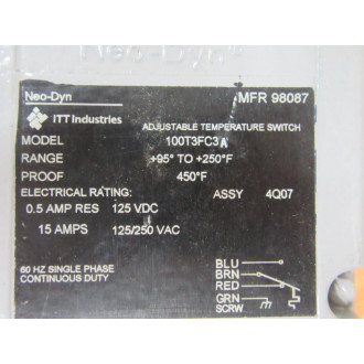 ITT Industries 100T3FC3A Neo-Dyn Temperature Switch  98087 - Used