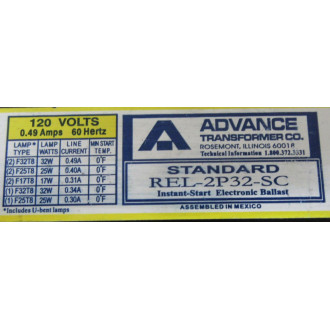Advance REL-2P32-SC Standard Instant-Start Ballast 120V 60Hz REL2P32SC - New No Box