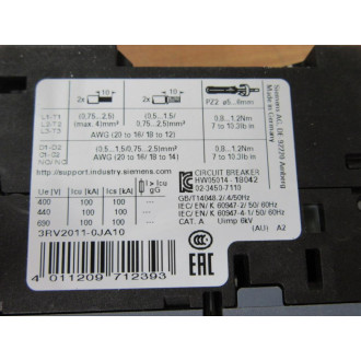 Siemens 3RV2011-0JA10 Circuit Breaker 3RV20110JA10