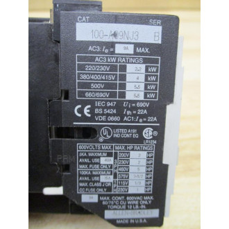 Allen Bradley 100-A09NJ3 Non-Reversing Contactor 100A09NJ3 - Used