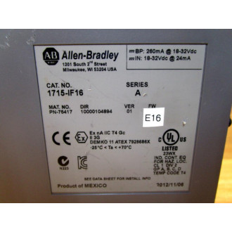 Allen Bradley 1715-IF16 Analog Input Module 1715IF16 Ser.AVer.1 - Used