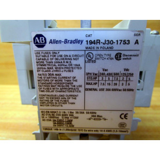 Allen Bradley 194R-J30-1753 Disconnect Switch 194RJ301753
