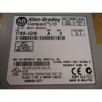 Allen Bradley 1769-IQ16 Input Module 1769IQ16 Ser.A Rev 2 wo Term Cover - Used