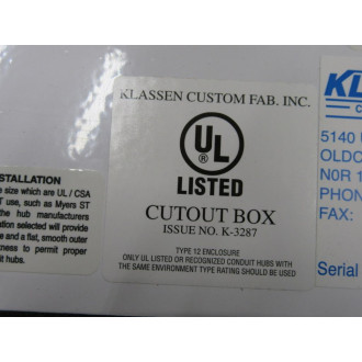 Klassen K-3287 Cut Out Box Enclosure K3287 24" x 21" x 10" - New No Box