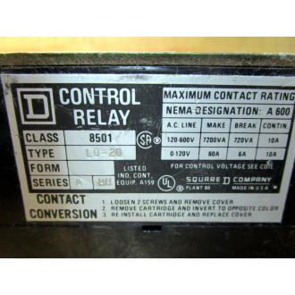 Square D 8501L0-20 8501LO20 Control Relay Cracked Front Housing - Used