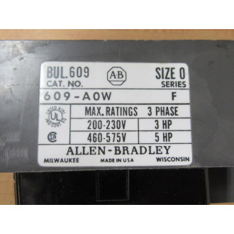 Allen Bradley 609-A0W Manual Starter 3P Size 0 609-AOW Series F - Used