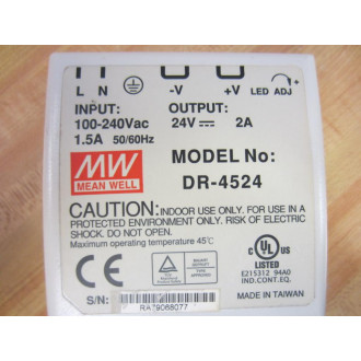 MW DR-4524 ACDC Industrial DIN Rail Power Supply DR4524 - Used