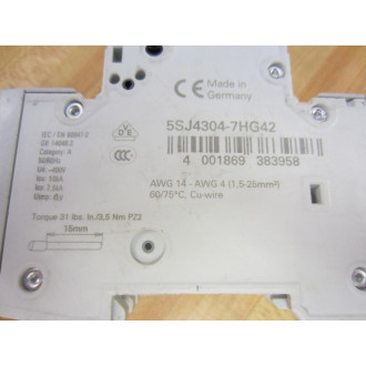 Siemens 5SJ4304-7HG42 3P 4A Circuit Breaker 5SJ43047HG42 - Used