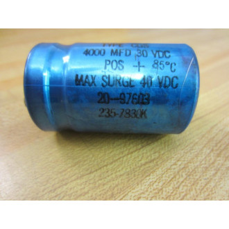 Mallory 20-97603 Type CGS Capacitor 2097603 4000 MFD 30 VDC - Used