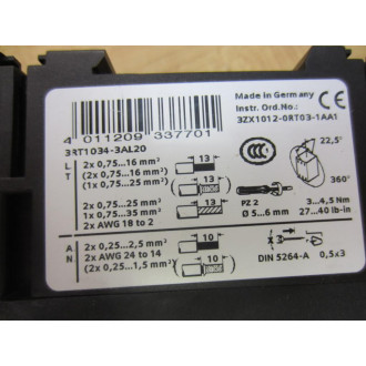 Siemens 3RT1034-3AL20 3P Power Contactor 3RT10343AL20