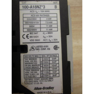 Allen Bradley 100-A18NZ243 Contactor - Used