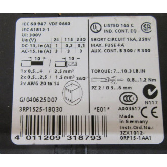 Siemens 3RP1-525-1BQ30 Relay 3RP15251BQ30 - Used