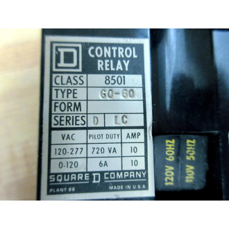 Square D 8501-GO-60 Control Relay 8501-G0-60 8501-GO-60-GD - Used