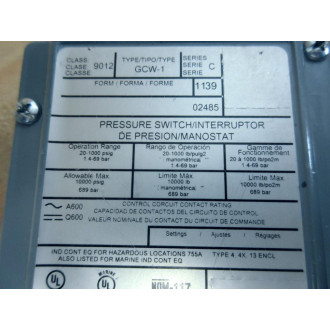 Square D 9012 GCW-1 Pressure Switch  9012GCW1 - Used