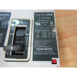 Siemens HEM3M003 3A Circuit Breaker HEM3M003L - Used