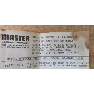 Master Appliance 7818 Heating Element WO Mica