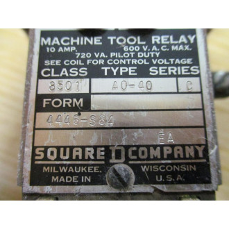 Square D 8501-AO-40 Relay 8501-A0-40 Ser. C, 220-240V Coil - Used