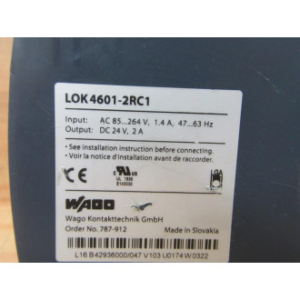 Wago 787-912 Power Supply LOK4601-2RC1 AC 85...264V - Used