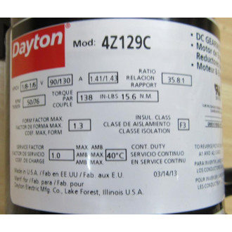 Dayton 4Z129C Gearmotor 2PUX3 WSpeed Control