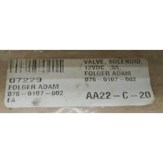 Folger Adam 076-0107-002 Solenoid Valve 0760107002 WO Shaft - New No Box