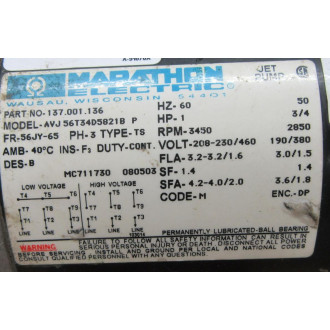 Marathon Electric 137.001.136 Motor W Pump 137001136 - Used