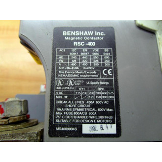 Benshaw RSC-400 Magnetic Contactor RSC400 - Used