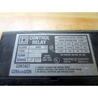 Square D 8501 L0-40 Control Relay 8501 LO-40 Cracked Housing - Used