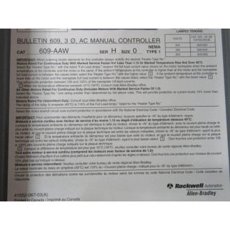 Allen Bradley 609-AAW Manual Starting Switch 609AAW Enclosure Only - New No Box