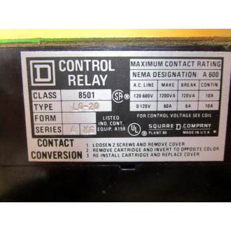 Square D 8501 L0-20 Magnetic Control Relay 8501L020 - Used